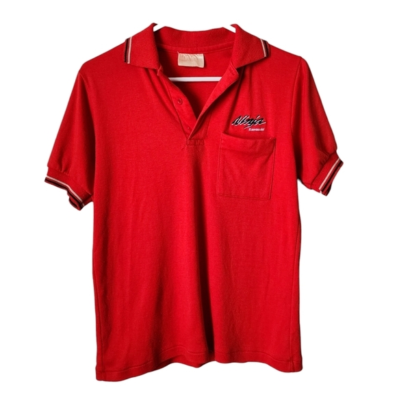 VINTAGE 70s KAWASAKI NINJA Red Racing Polo Shirt Retro Moto Style motocore - Picture 1 of 6